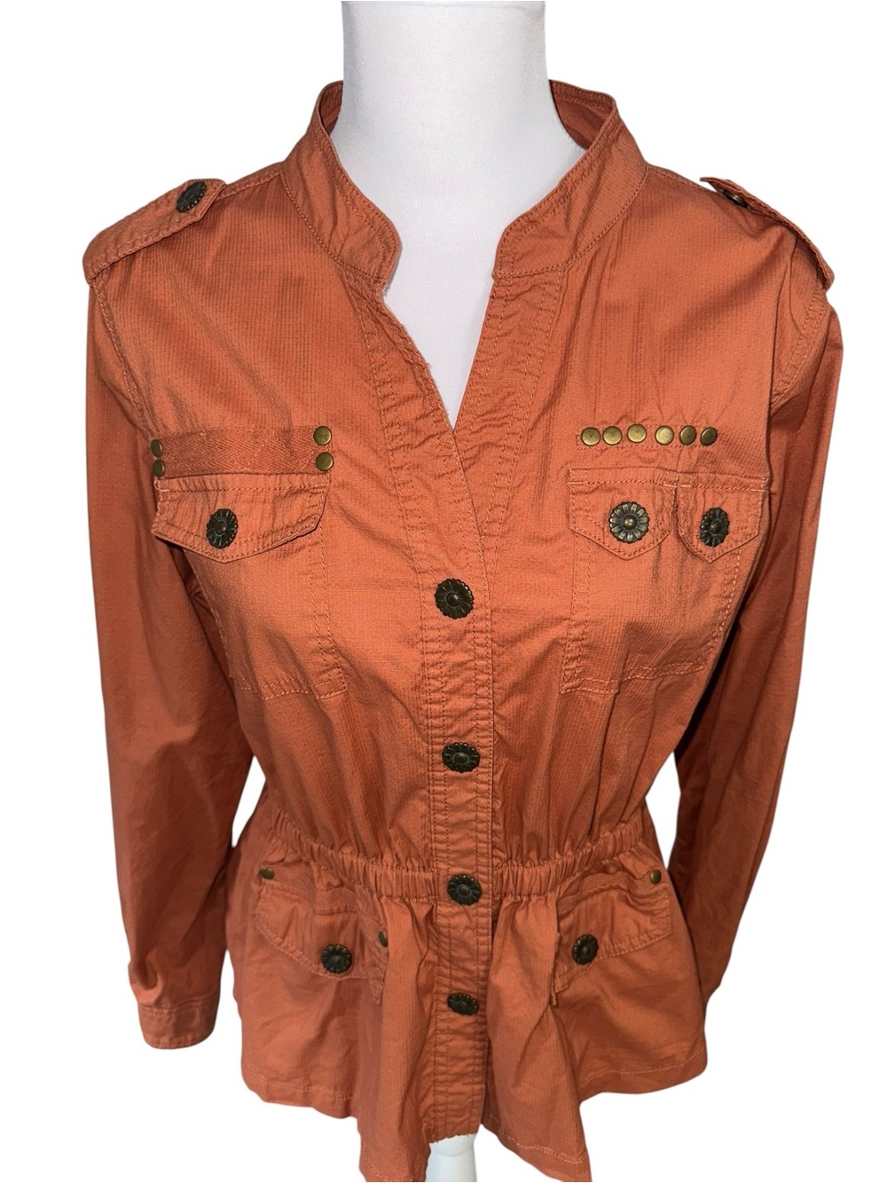 Dressbarn Utility Jacket Womens Medium Rust Orange Military Cargo Cinch Waist - Picture 3 of 10